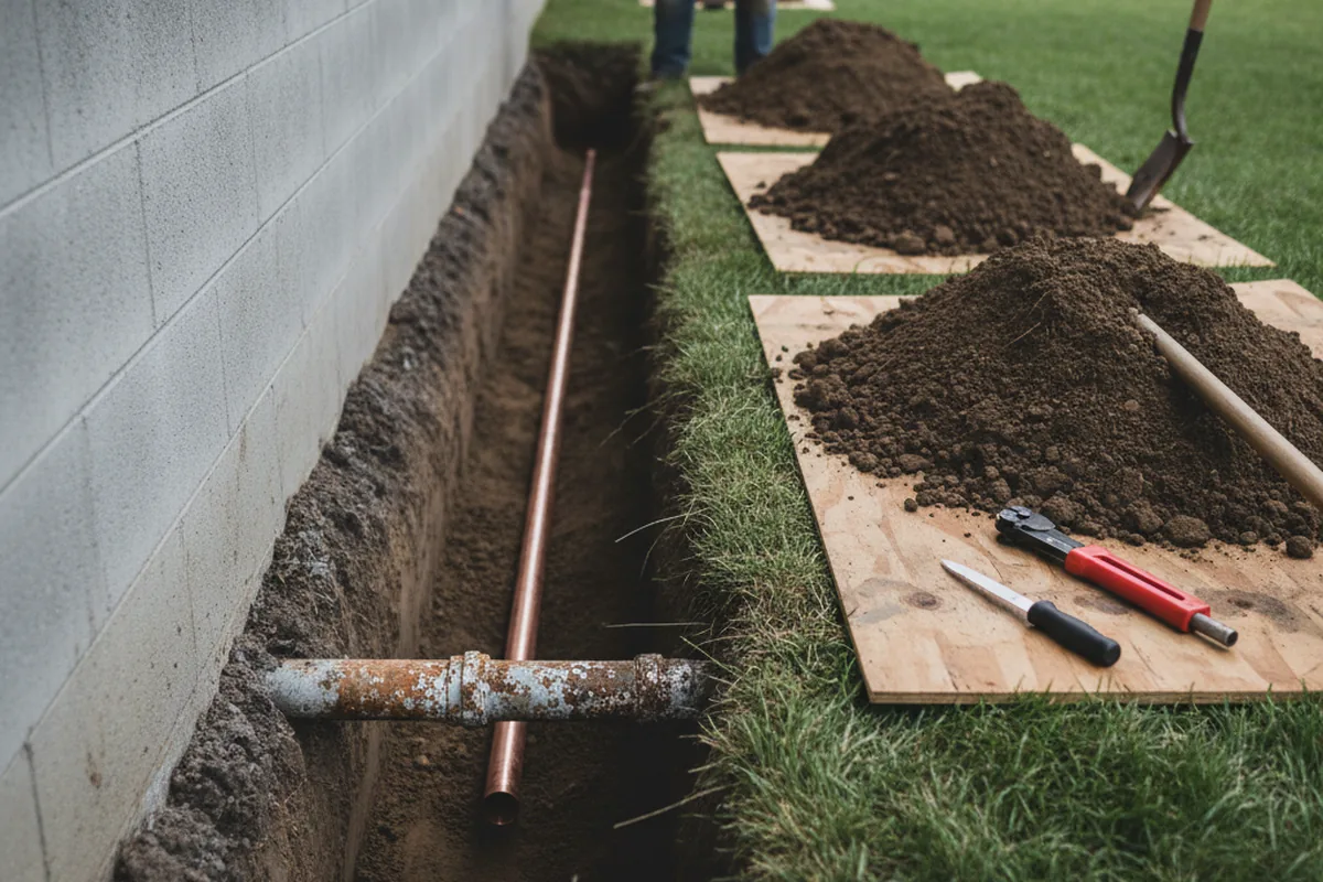 Excavated water line trench during Sewer Line Repair in Eagle Rock